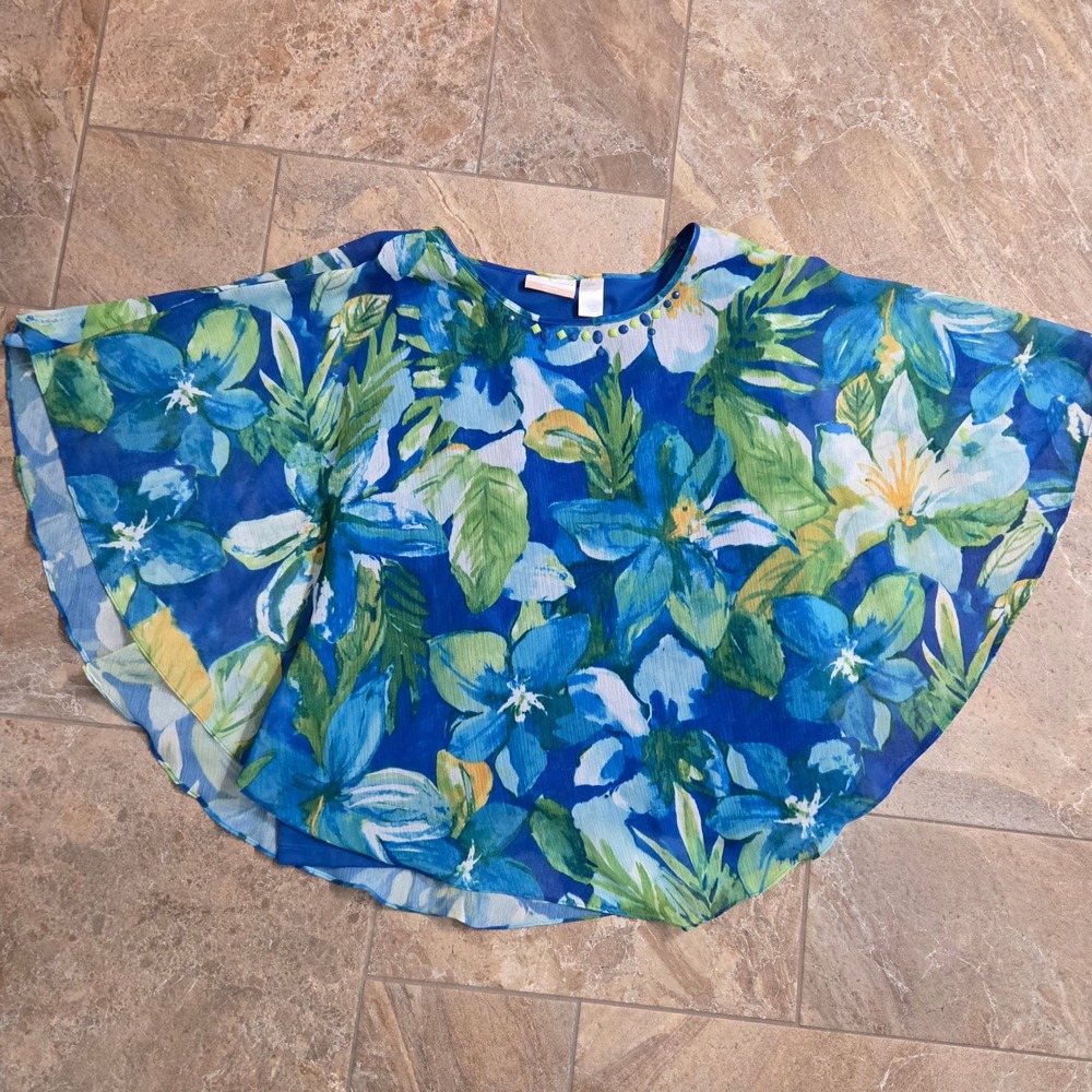 Alfred Dunner Woman Blue Floral Poncho Top Chiffon Overlay Beaded Neck 22W